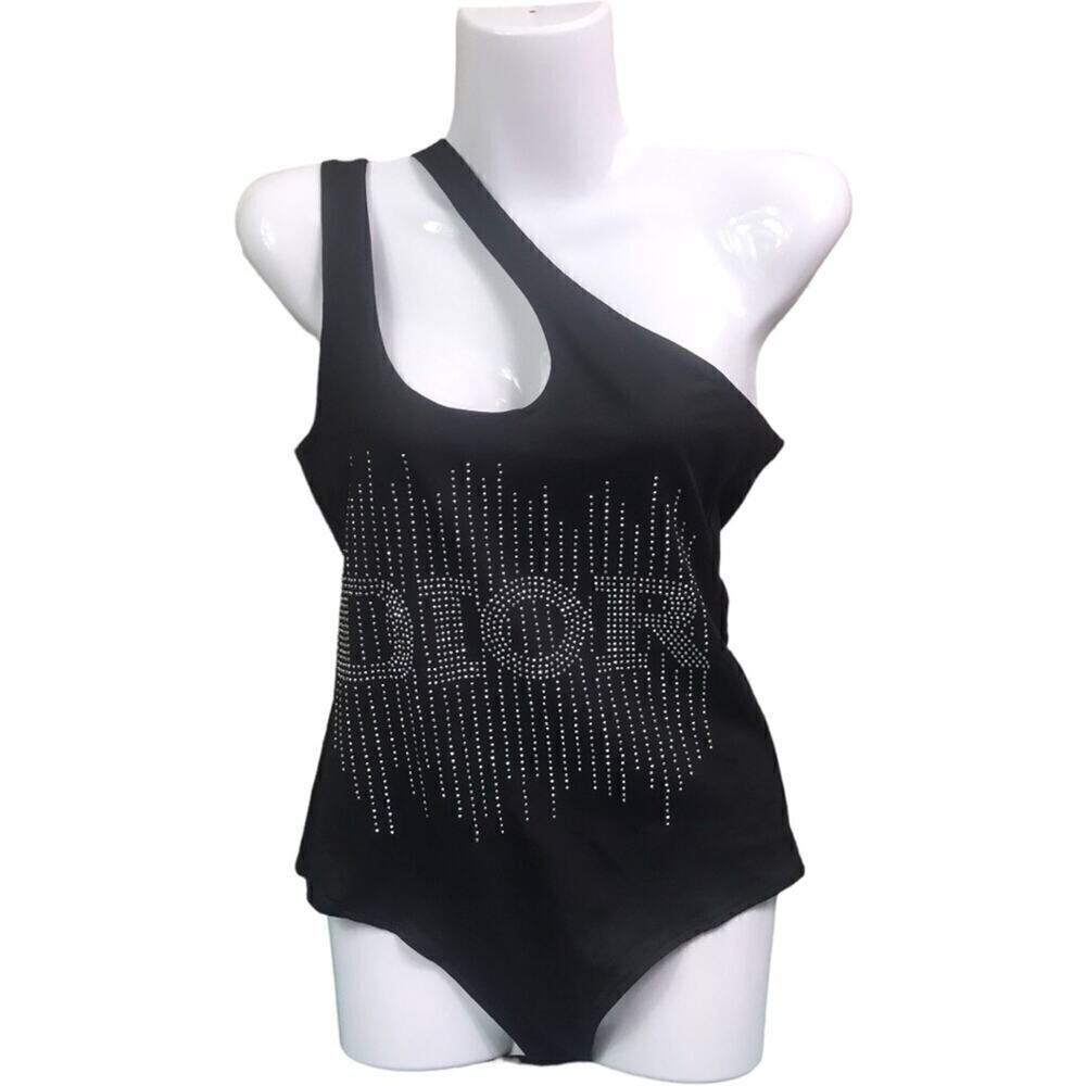 Reoria Designer Black One Shoulder Silver Studded Bodysuit